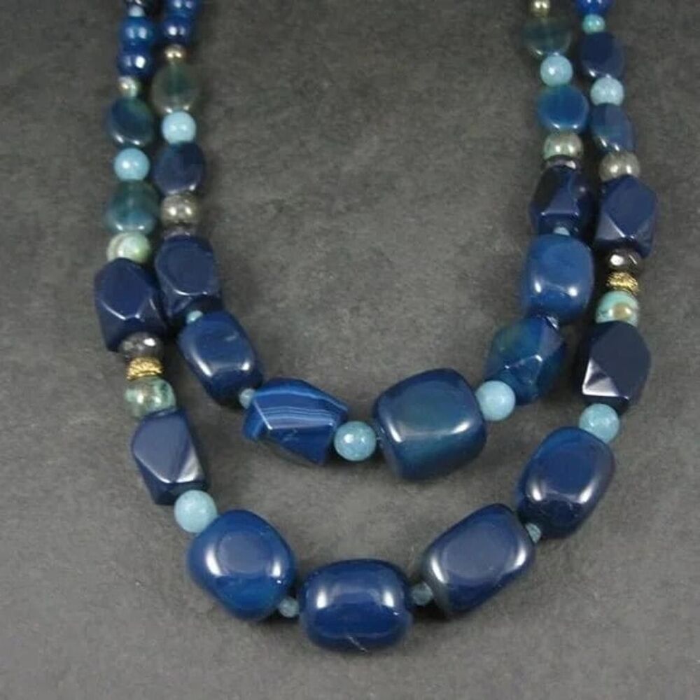 Barse Blue Agate Bead Necklace 2 Strand 18"